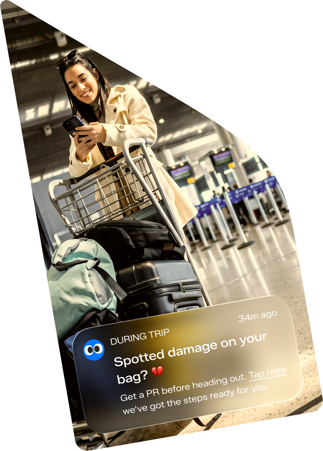 A traveller in a departure hall, shown as a small photograph
